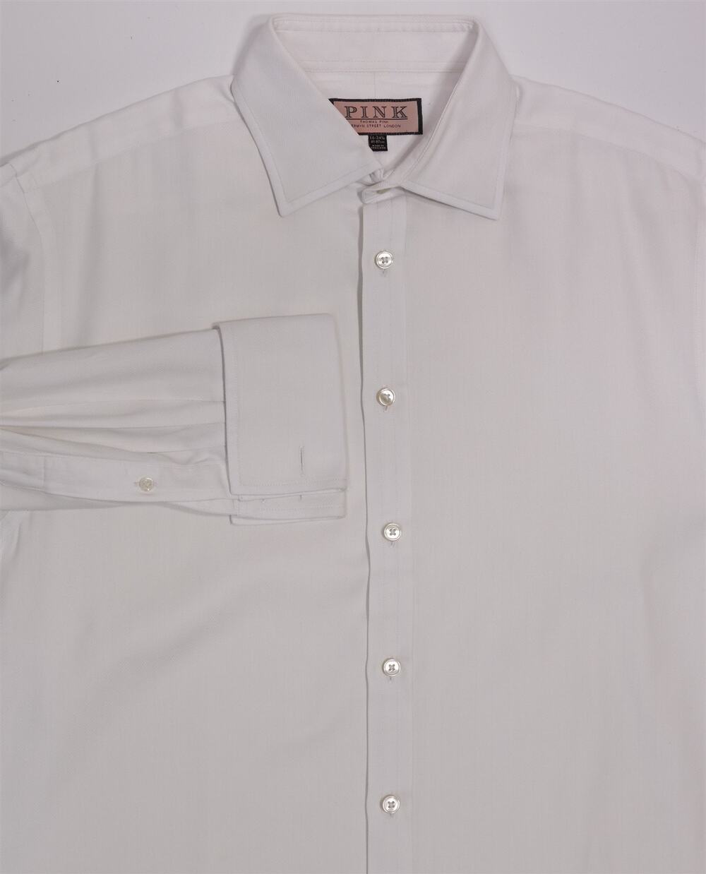 Thomas Pink Solid White Herringbone French Cuff Cotton Dress Shirt (41) 16-34/35